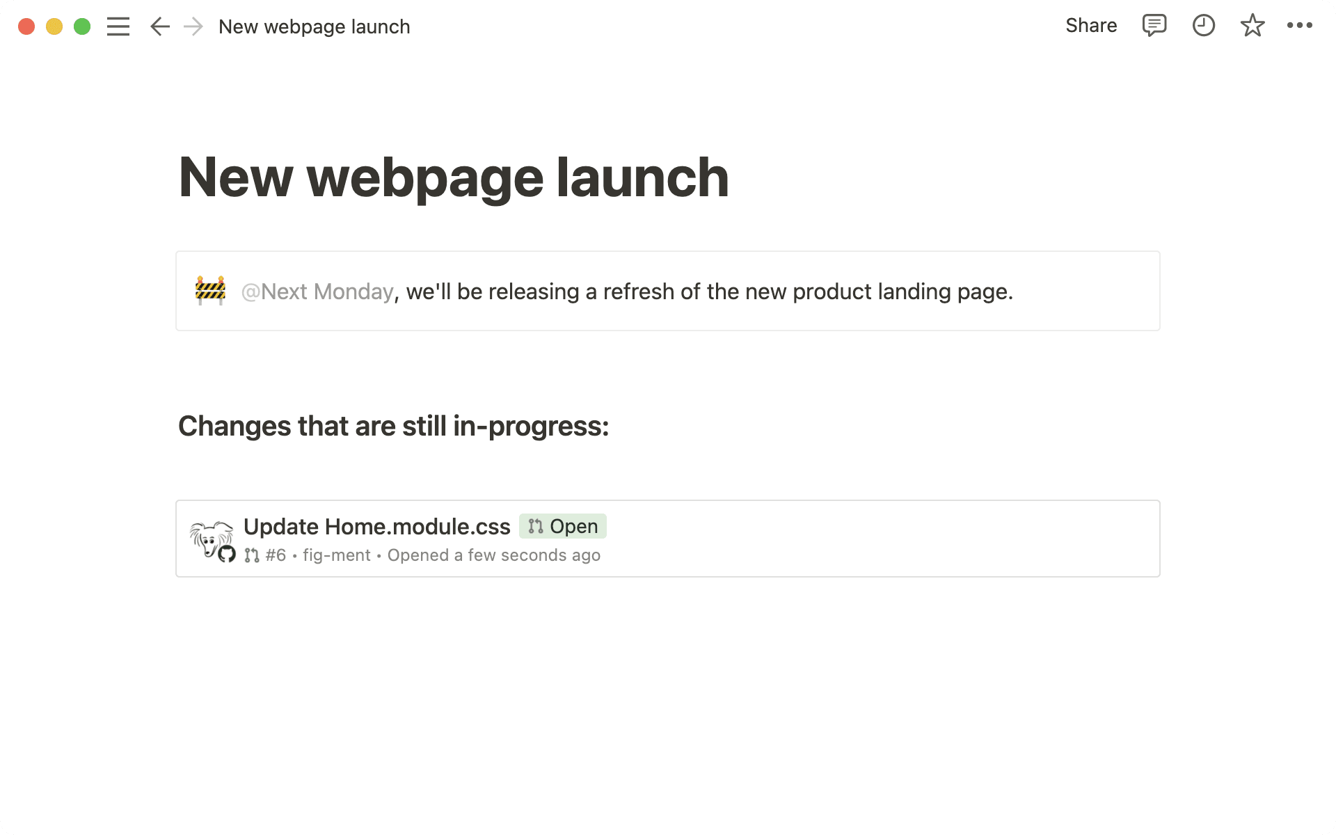 Get live updates right in Notion pages so your team stays up to date on tasks.
