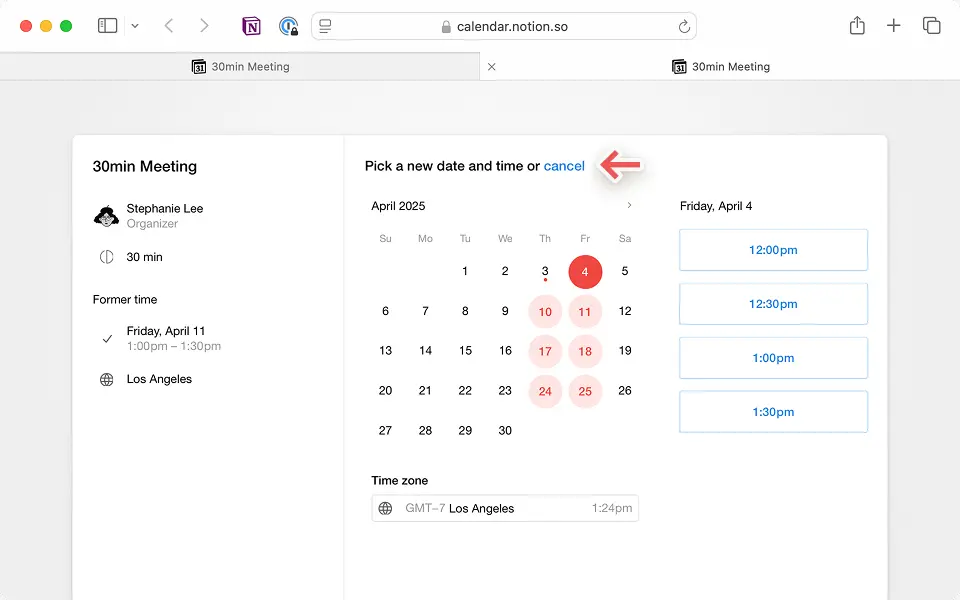 Click the link in your email calendar invite to reschedule or cancel.